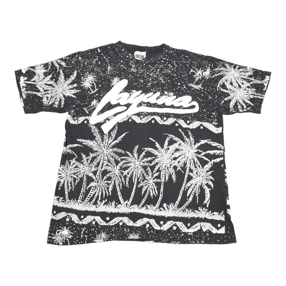Vintage 1990s Laguna AOP Tropical Single Stitch T-Shirt Large Black White L - Picture 1 of 8